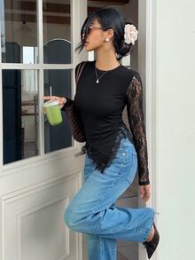 SHEIN Frenchy 女款蕾絲拼接性感約會長袖T恤，秋冬優雅正式奢華商務時尚基礎款，聖誕返校節慶適用 - 黑色 - 查看 8