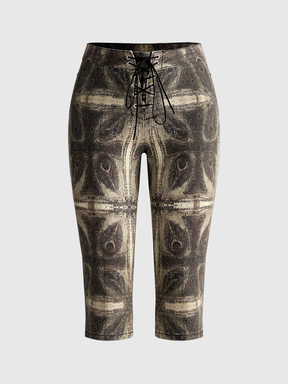 Grunge Punk Jean skinny stretch court en denim vintage imprimé avec œillets et lacets pour femmes