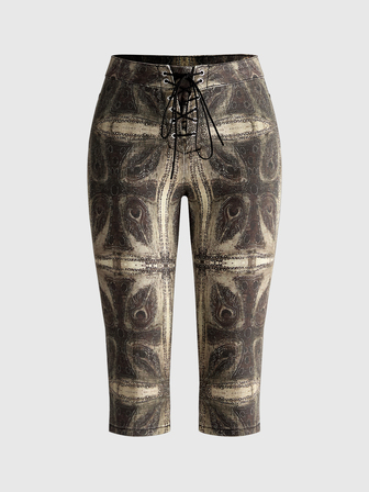 Grunge Punk Damen Vintage bedruckte Ösen-Schnürung Skinny Stretch gekürzte Jeans