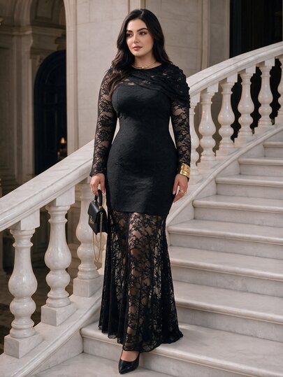 Modelyn Plus Size Women Black Knit Lace Asymmetrical Shoulder Long Sleeve Cinched Waist A-Line Elegant Romantic Dress