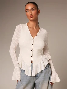 Athîral Women's V-Neck Contrast Color Button-Front Ruffle Trim Elegant Blouse, Autumn/Winter Clothing, Suitable For Outings, Dates, Parties, Night Out, Birthday - White - View 1