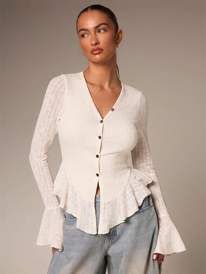 Athîral Women's V-Neck Contrast Color Button-Front Ruffle Trim Elegant Blouse, Autumn/Winter Clothing, Suitable For Outings, Dates, Parties, Night Out, Birthday