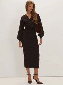 MUSEYN Brown Soft V Neck Wrap Detail Maxi Dress Versatile Everyday Casual Chic New Season Fall - Coffee - View 1