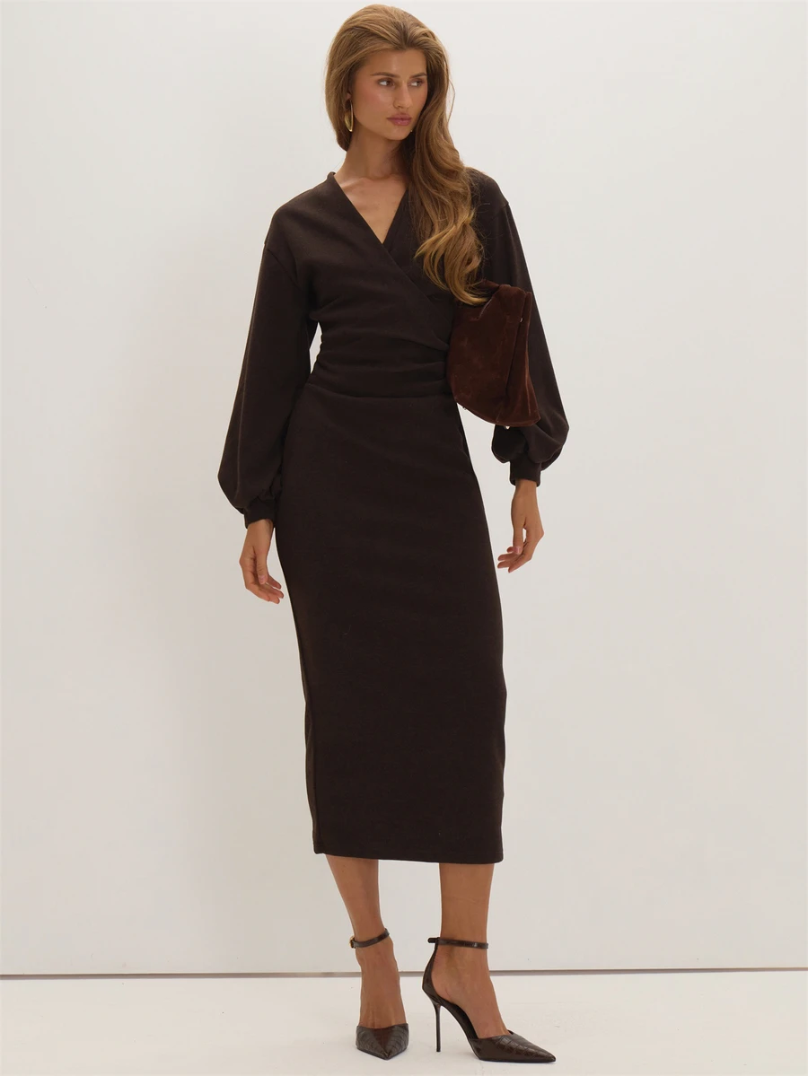 MUSEYN Brown Soft V Neck Wrap Detail Maxi Dress Versatile Everyday Casual Chic New Season Fall - Coffee - View 1