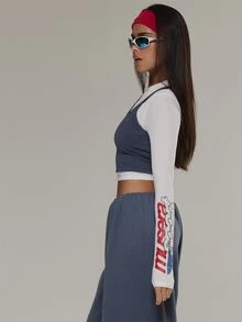 Musera Sport Double Layered Graphic Printed Crewneck Long Sleeve Cropped Top Active Outdoors Workout Gym Terra Peak - Blue - View 4