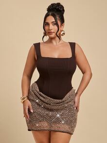 SHEIN BAE CURVE Plus Size Women's Brown Colorblock Sequin Hem Fashion Sleeveless Mini Dress - Brown - View 2