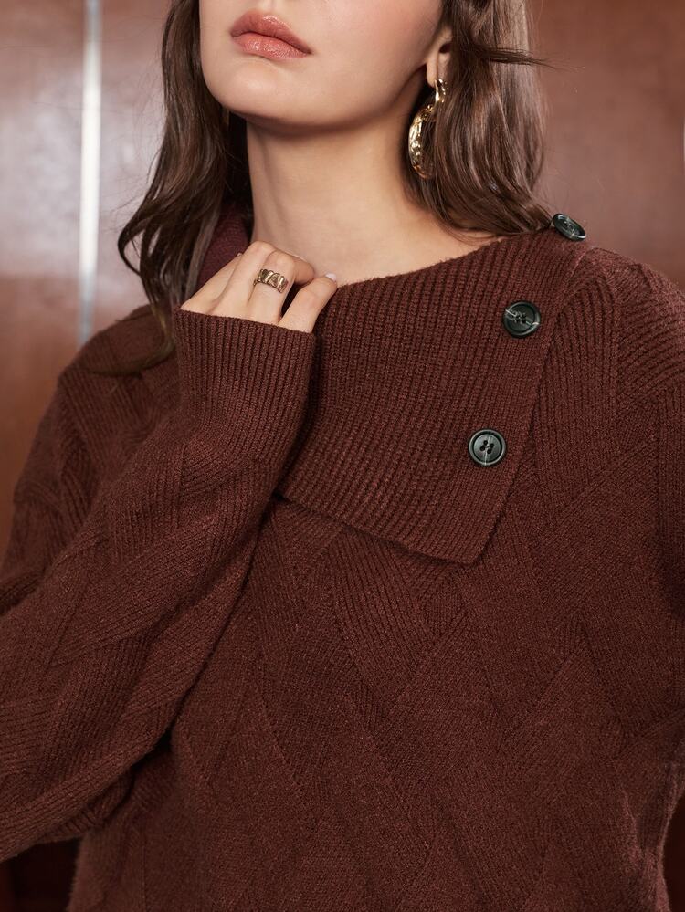 Anewsta Women's Knit Pullover Collar Sweater Top - Coffee Brown - View 1