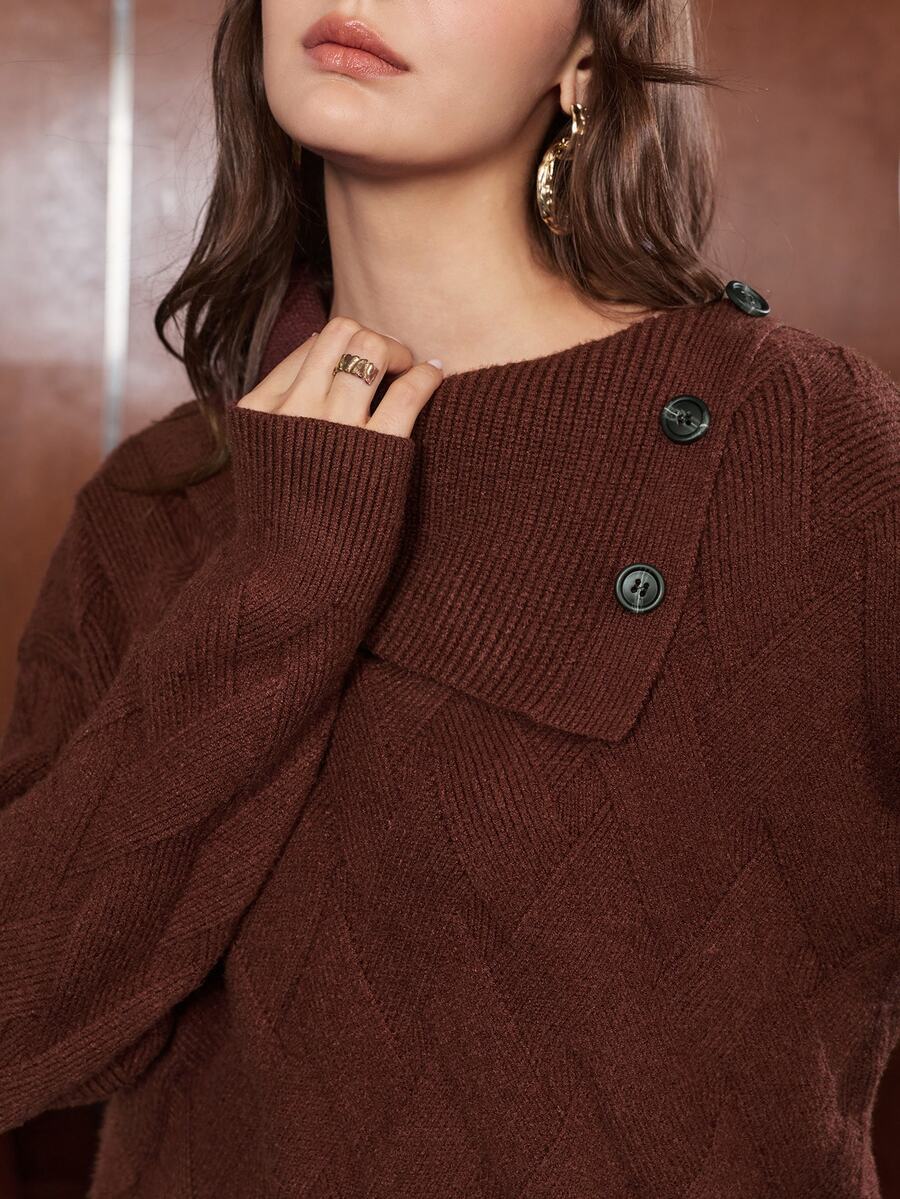 Anewsta Women's Knit Pullover Collar Sweater Top - Coffee Brown - View 1