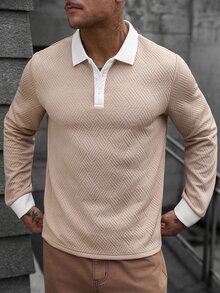 Manfinity CasualCool 男士拼色長袖 Polo 領襯衫，休閒時尚日常穿著、通勤，適合秋季、正式場合，白色長袖 Polo 衫，男士 Polo 衫，紋理提花面料，紋理 Polo，翻領 Polo，春秋男裝，淺色奢華成熟裝飾輕商務 - 杏色 - 查看 3