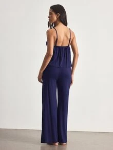Ocili Women's Comfortable Modal Knit Fabric Lace V-Neck Cami & Long Pants Pajama Set - Navy Blue - View 2