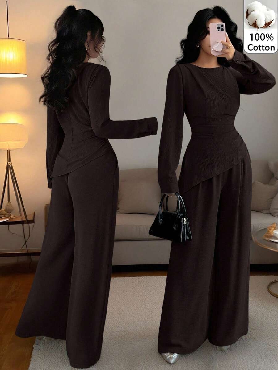 SHEIN Raffinéa 女款純色圓領抓皺不對稱下擺長袖兩件套 - 棕色 - 查看 1