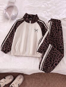 SHEIN Genkimix Kids 2件組少女夾克褲套裝，可愛甜美粉色豹紋蝴蝶結長袖立領常規款，適合生日派對秋季穿著 - 棕色 - 查看 3
