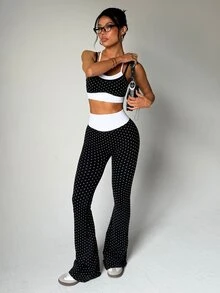 SHEIN Sovereign Charm Seamless Knit Women's Polka Dot Sports Set - Black - View 8