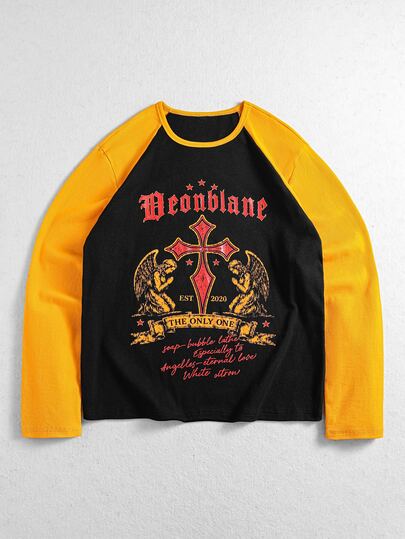 Camiseta de manga larga tipo sudadera con estampado de graffiti de contraste amarillo & negro de moda