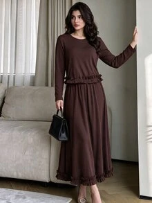 Modelyn Women's Autumn/Winter Coffee Color Pleated Knit Frill Trim Long Sleeve Maxi Dress 2 Pieces Set - Coffee Brown - View 4