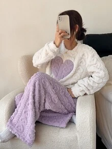 Napfluff Embroidered Heart Jacquard Long Plush Casual Women's Pajama Set - Purple - View 5
