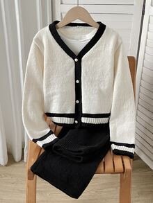 SHEIN Setelan 2 Potong untuk Anak Perempuan Remaja: Cardigan Patchwork dengan Hem dan Kancing Depan, Lengan Panjang, Sweater Kasual & Celana. - Hitam dan Putih - View 2
