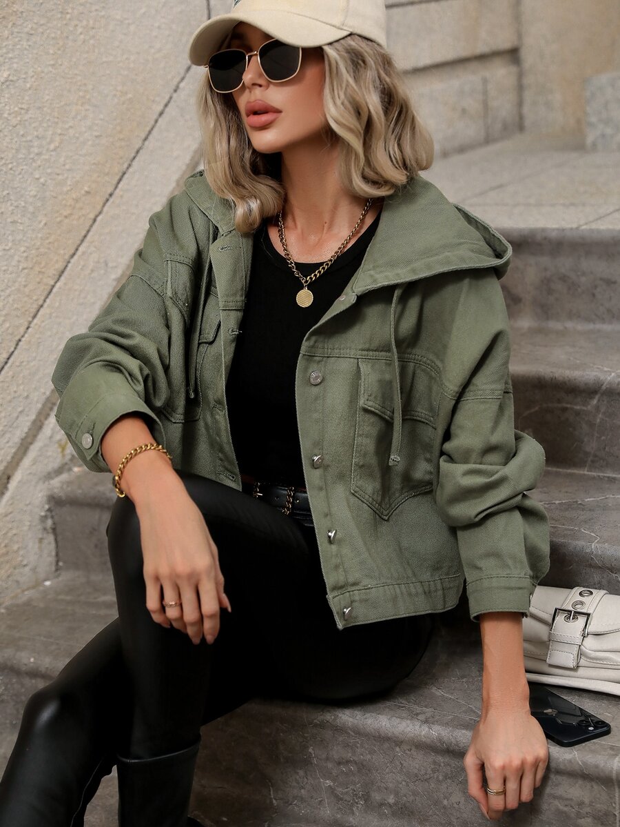 SHEIN Frenchy Plus Size Women's Long Sleeve Hooded Fashion Loose Casual Denim Jacket - Army Green - View 1