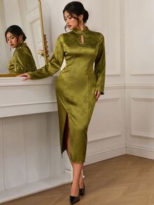 EastFlair Plus Size Elegant Elegant Frog Button Side Slit Dress - Green - View 4