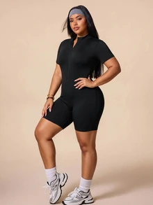 Rhythm Era Plus Size Sports Jumpsuit With Half-Zip Stand Collar, Slim Fit Body-Shaping Ribbed Texture Tight Short Sleeve Jumpsuit - Black - View 5