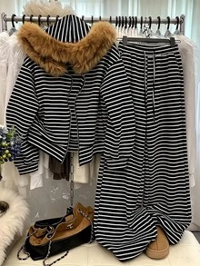 GlowEve CURVE Plus Size Korean Style Slouchy Chic Autumn/Winter Black & White Striped Fur Collar Hooded Loose Zip-Up Jacket & Drawstring Wide Leg Pants Casual 2 Pieces Set - Black and White - View 1