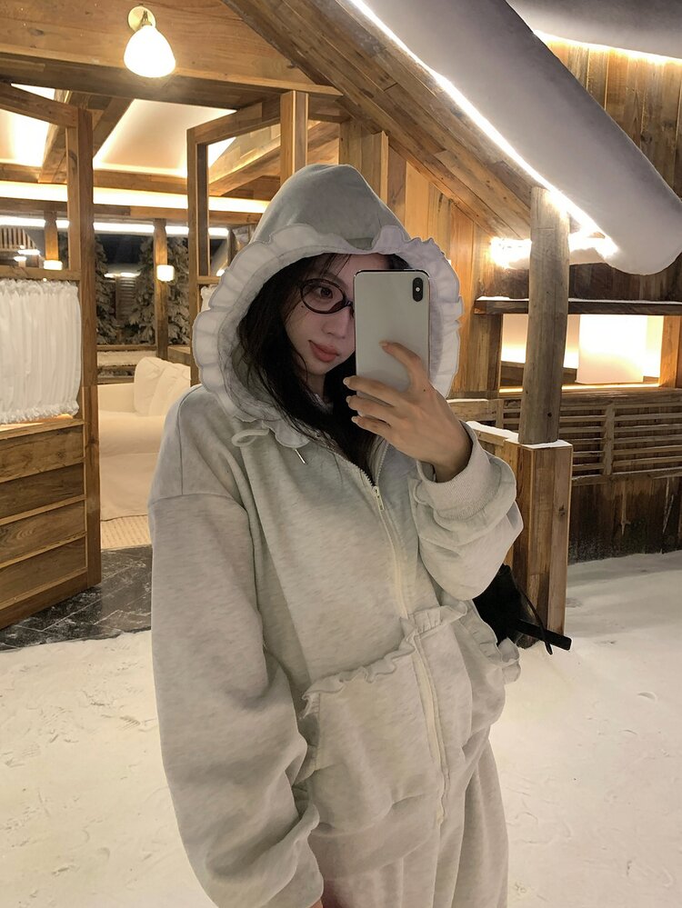 DAZY 女款春夏/秋冬純色拼接荷葉邊拉鍊連帽衛衣與長褲休閒兩件套 - 淺灰色 - 查看 6