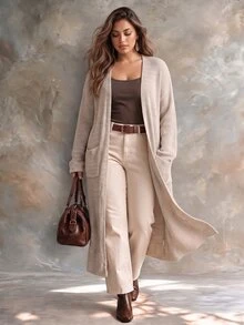 Ceyna Plus Size Women's Fashion Mid-Length Cardigan Sweater With Pockets, Casual Versatile Daily Autumn/Winter Outerwear - Apricot - View 6
