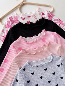 SHEIN LMoss Kids Baby Girl Knit Solid Color Polka Dot Striped Heart Pattern Ruffle Trim T-Shirt And Long Pants 10pcs -Piece Set - Multicolor - View 4