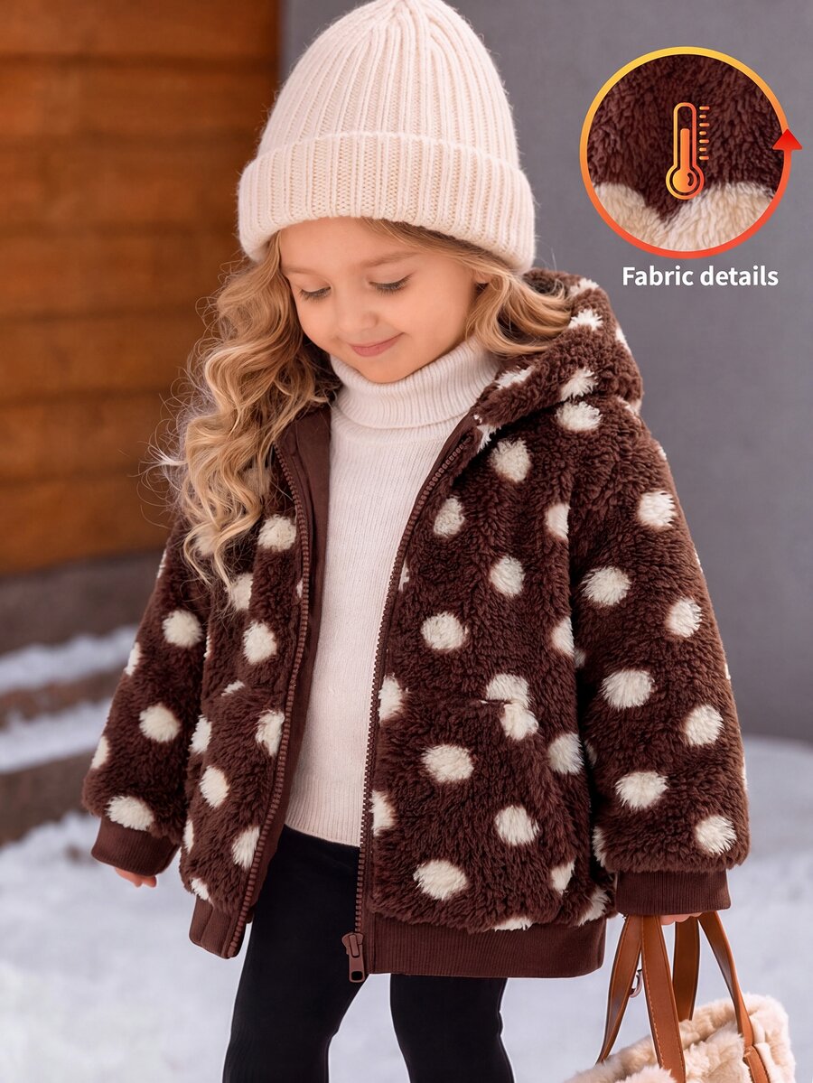 SHEIN LMoss Kids Baby Girl Casual Solid Color Cute Heart Pattern Fuzzy Hooded Winter Jacket - Multicolor - View 1