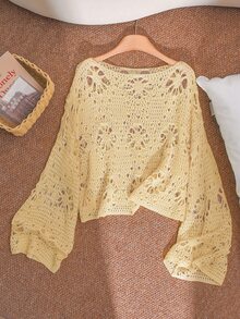 CosyJoli Plus Size Solid Color Hollow Knit Sweater Fall - Light Yellow - View 3