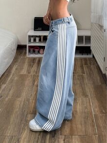 StreetHx Women's Side Stripe Pocket Wide Leg Loose Casual Denim Jeans - Light Wash - View 7