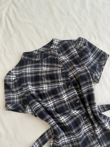 Attitoon 女款休閒極簡日常百搭派對聚會機場穿搭 Y2K 上衣，繫腰泡泡袖海軍藍白色格紋，女款夏季穿搭，外出穿搭 - 藏蓝色 - 查看 4
