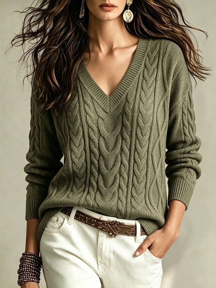 SHEIN Women's Dark Brown V-Neck Cable Knit Sweater, Casual Long Sleeve Pullover - Army Green - View 7