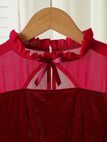 Young Girls Velvet Mesh Long Sleeve Dress, Bow Neck Cutout A-Line Flared Dress, Red Princess Party B - Red - View 7