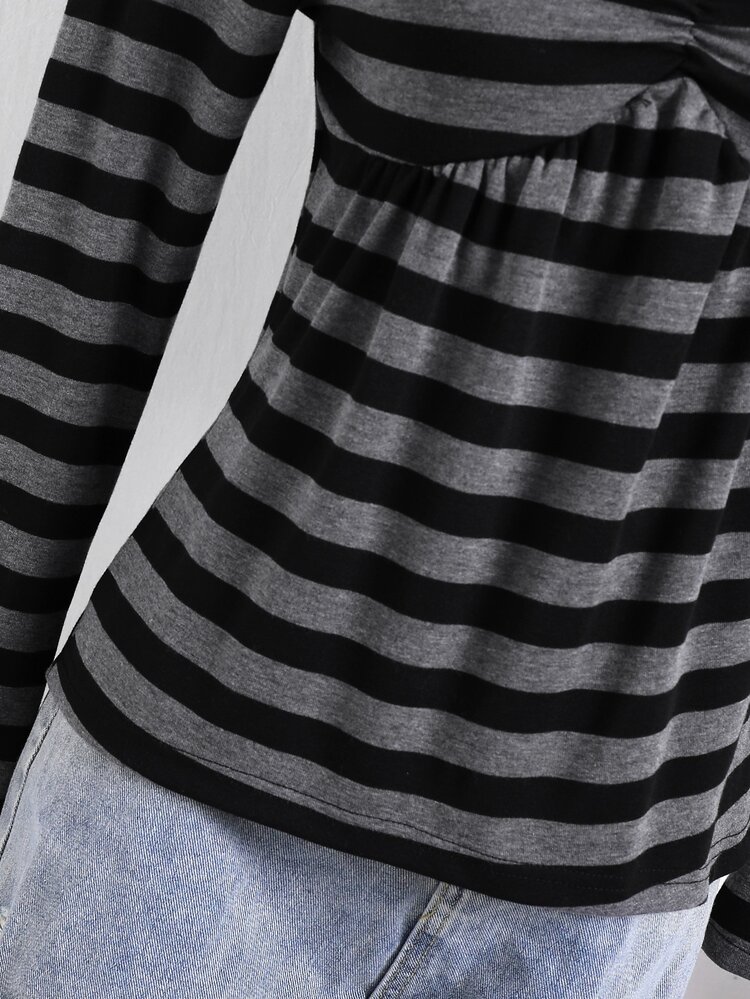 SHEIN Teen Girl Autumn Top Black & Grey Striped Heart Neckline T-Shirt, Delicate Collarbone Design, Autumn/Winter Outfit, Back To School Outfit, Knitted Fabric, Vintage Style - Multicolor - View 6