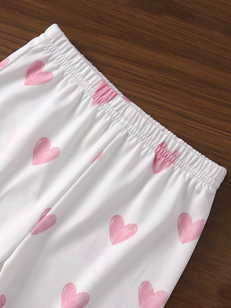 SHEIN 女嬰情人節愛心印花翻領對比飾邊鈕扣前襟寬鬆長袖上衣與直筒柔軟厚實刷毛抓絨長褲套裝，適合冬季 - 粉色 - 查看 3