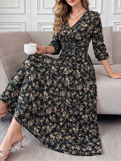 SHEIN LUNE فستان طويل للنساء بتصميم كاجوال أنيق للشارع والعطلات، بقصة A-خط وتنورة مظلية، مع أكمام فانوس منتفخة وخصر مكشكش وحافة مكشكشة