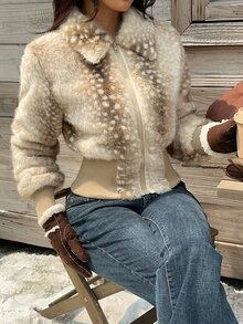 SHEIN EZwear Women's Zipper Front Animal Print Long Sleeve Faux Fur Coat - Khaki - View 5