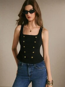 Poéselle Women's Black Military Inspired Corset Vest Top Square-Neck Sleeveless Tailored Tank With Gold Tone Buttons&Sculpted Slim Fit Napoleon Fall/Winter - Black - View 5