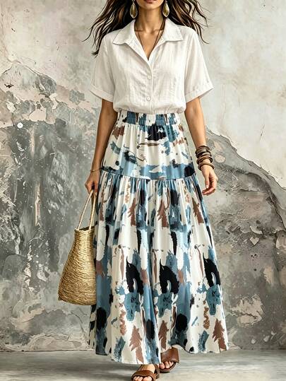 Linhara CURVE Plus Size Women's Casual Vacation Outing Commute Lazy Relaxed Flowy Vibe High Waist Slim Fit Colorful Oil Painting Print Flared Skirt