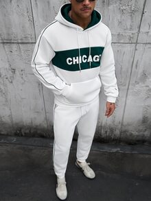 Manfinity CasualCool Men's Hooded Sweatshirt Set, Double-Layer Hood With Contrast Color Design, Contrast Color Piping Trim Craftsmanship, Top With Patchwork Print, Hooded Sweatshirt With Pockets And Drawstring, Paired With Elastic Waist Sweatpants, Pants With Contrast Color Piping Design On Side Seams, Pockets And Drawstring, Loose Fit, Autumn/Winter Men's Hooded Sweatshirt Set - White - View 4