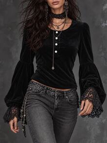 LUMIGAL Women's Black Velvet Contrast Lace Trim Blouse - Black - View 5