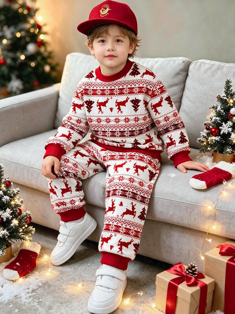 Young Boys Loose Fit Sports Casual Comfortable Long Sleeve Sweatshirt And Pants 2 Pieces Set For Autumn/Winter, Classic Christmas Santa Claus, Christmas Reindeer, Christmas Gift, Christmas Candy, Christmas Hat, Christmas Gingerbread Man, Christmas Tree, Christmas House, Christmas Stocking Pattern Print, Suitable For Christmas - Multicolor - View 2