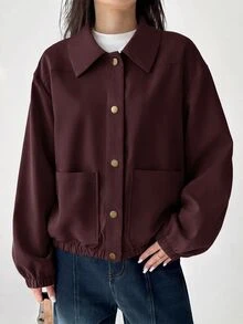 Aloruh Women's Solid Color Long Sleeve Single-Breasted Casual Jacket - Maroon - View 6