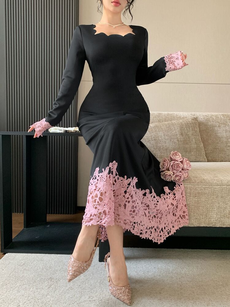 Feyla 女款彎曲方領對比蕾絲長袖優雅中長洋裝 - 黑色 - 查看 5