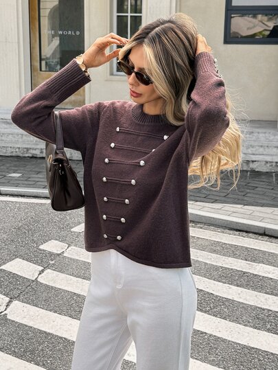 Serisse Women's Fall Winter Vintage Chic Metal Button Decor Crew Neck Long Sleeve Brown Sweater, Asymmetrical Hem Design Casual Versatile Daily Wear Sweater