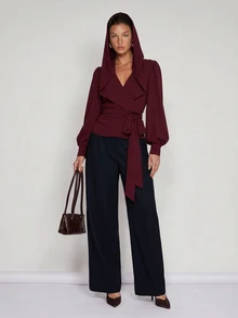COSMINA Women's Hooded Wrap Balloon Sleeve Long Sleeve Blouse Top - Burgundy - View 5