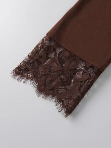 Holdful Holdful Women's Autumn Solid Color Round Neck Lace Cuff Patchwork Casual Dress - Coffee Brown - View 3