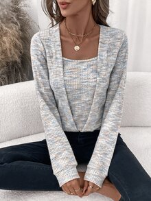Editum 女款優雅淡粉色華夫格紋方領套頭運動衫，秋季休閒上班早午餐運動上衣，適用秋冬春季、復活節、Y2K風格 - 彩色 - 查看 6