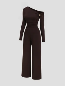 Sweetra New Autumn/Winter Fashion Elegant Sexy Cold Shoulder Long Sleeve Slim Fit Flattering Y2K Design Decor Metal Buckle Minimalist Daily Date Commute Versatile Jumpsuit - Coffee Brown - View 1
